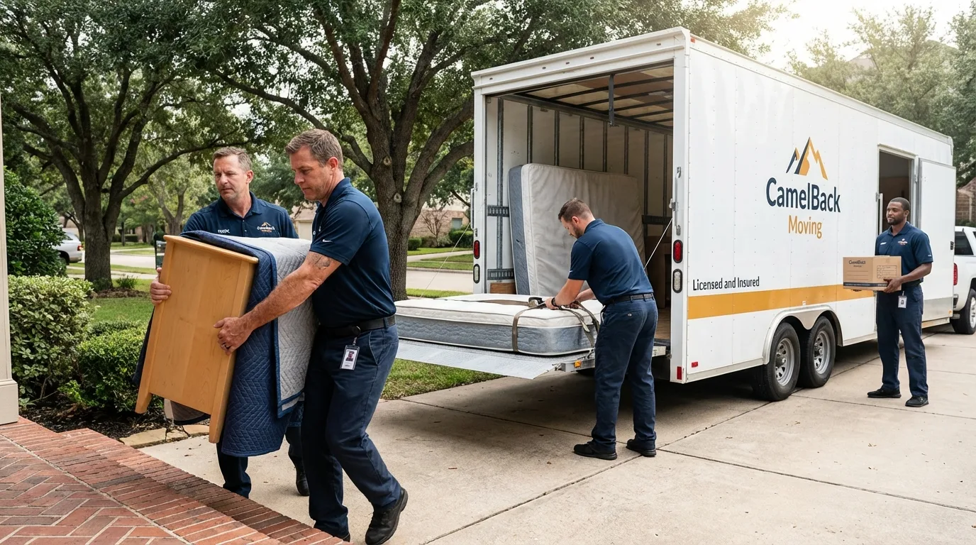 Crew loading residential truck for cross-state move from Appleton, MN