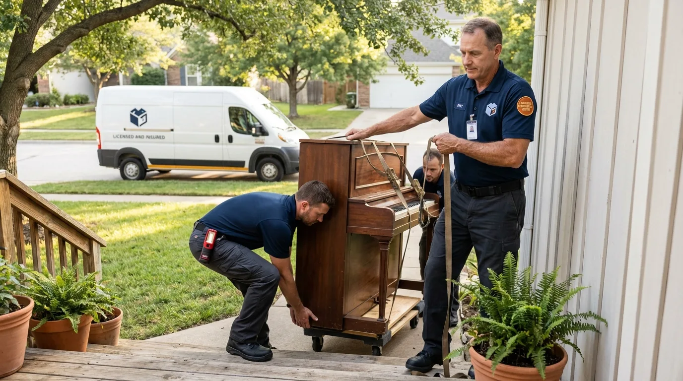 Licensed piano movers securing grand piano in Appleton, MN