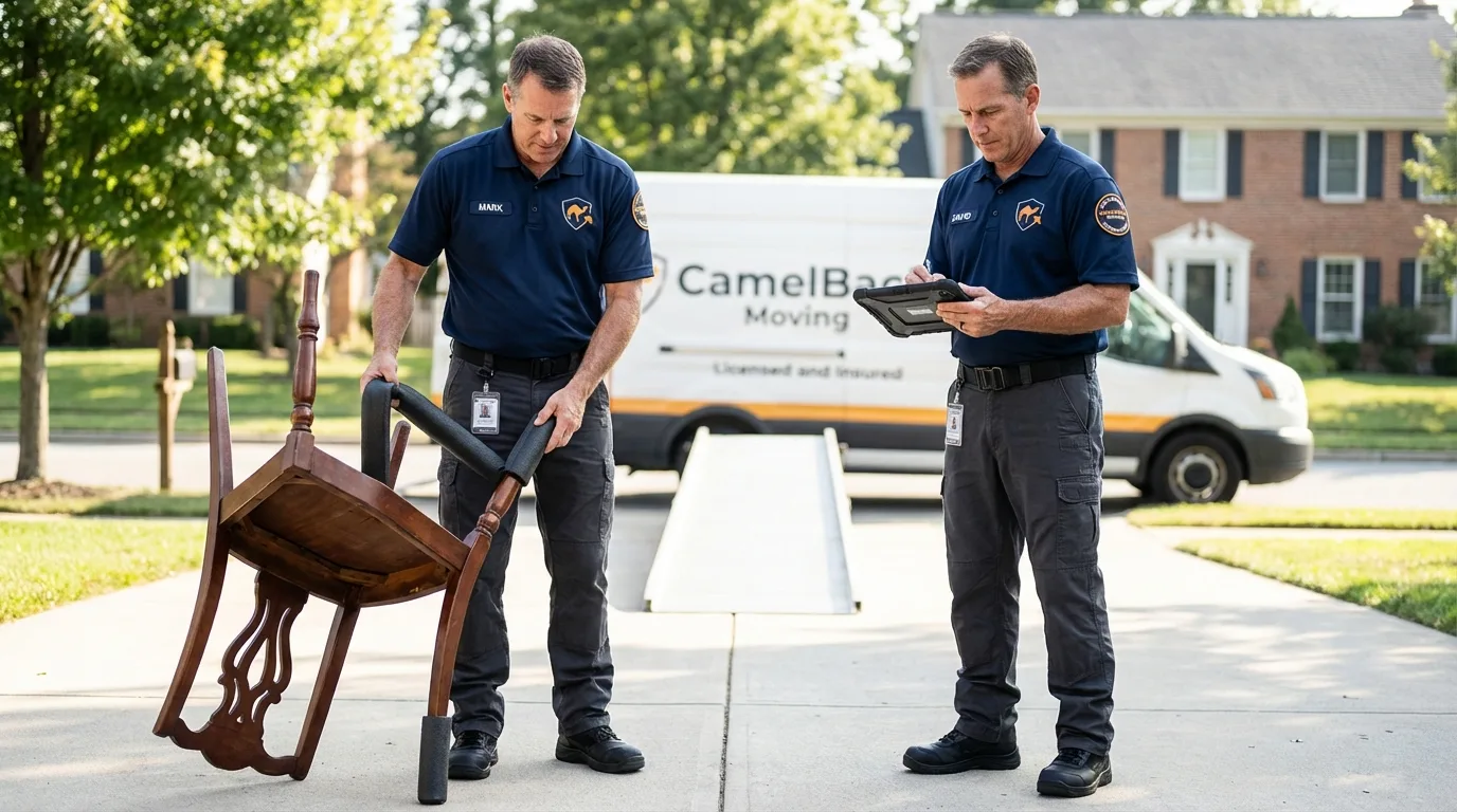 Movers inspecting furniture for damage prevention before loading in Appleton, MN