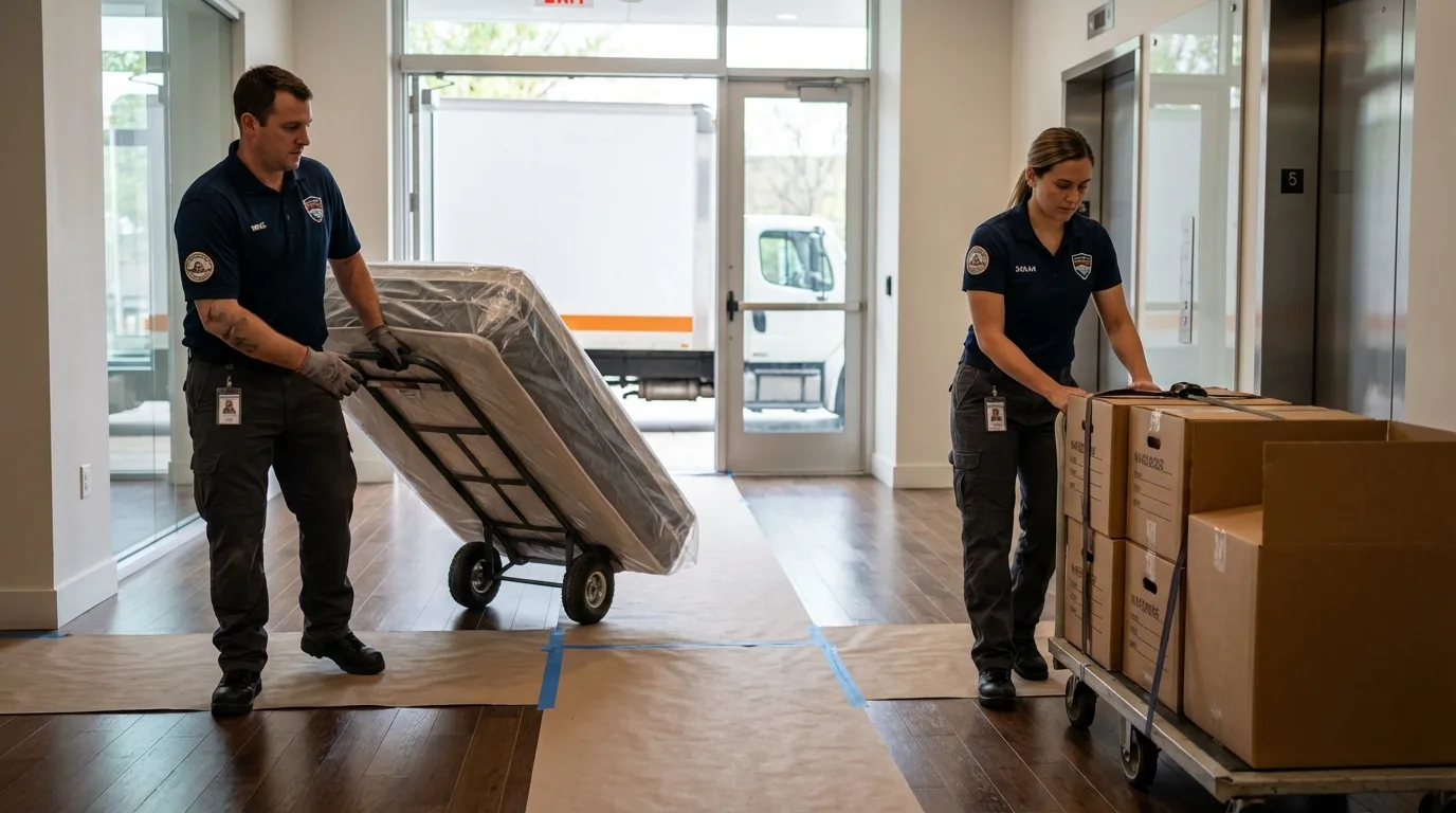 Professional apartment movers loading elevator in Appleton, MN